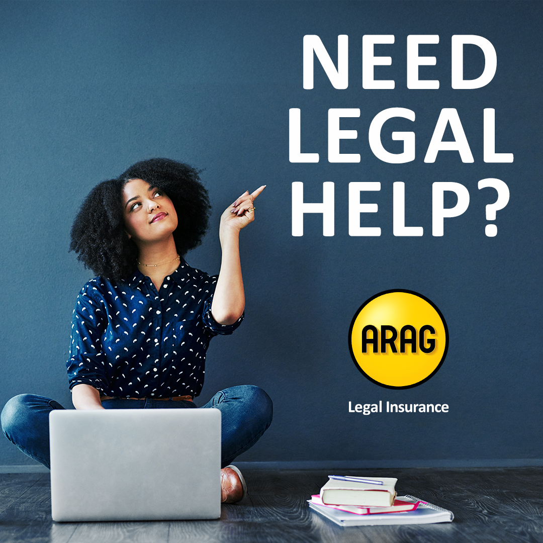 Young woman sitting with laptop pointing at text saying: Need Legal Help? ARAG Legal Insurance