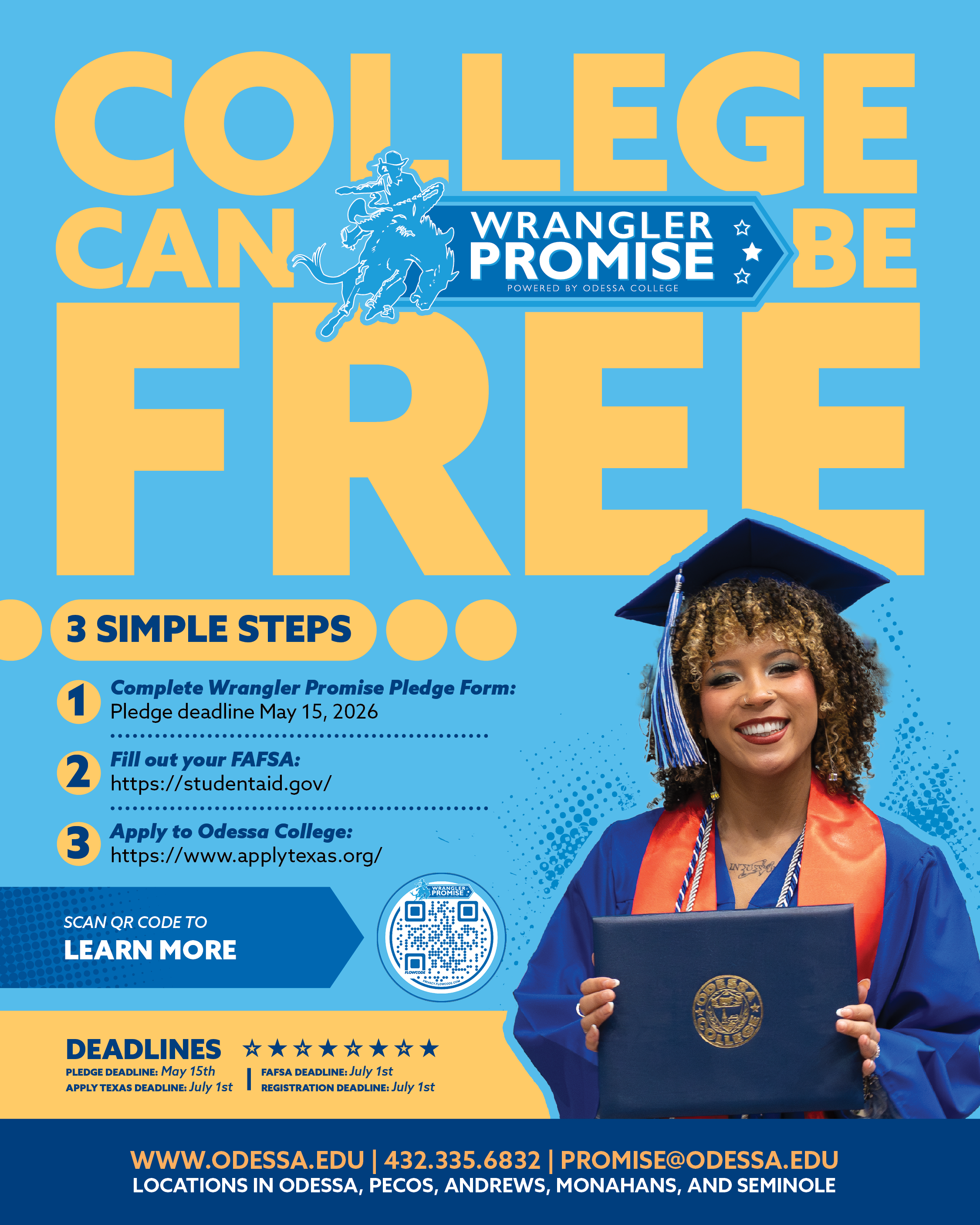 Promotional graphic for Odessa College’s Wrangler Promise scholarship. Large yellow text on a blue background reads “College Can Be Free.” The Wrangler Promise logo appears in the center. On the left, three steps are listed: complete the Wrangler Promise pledge by May 15, 2026; fill out the FAFSA at studentaid.gov; and apply to Odessa College through ApplyTexas. A QR code invites viewers to learn more. Deadlines at the bottom include May 15 for the pledge and July 1 for FAFSA, ApplyTexas, and registration. On the right, a smiling graduate in a blue cap and gown holds a diploma.