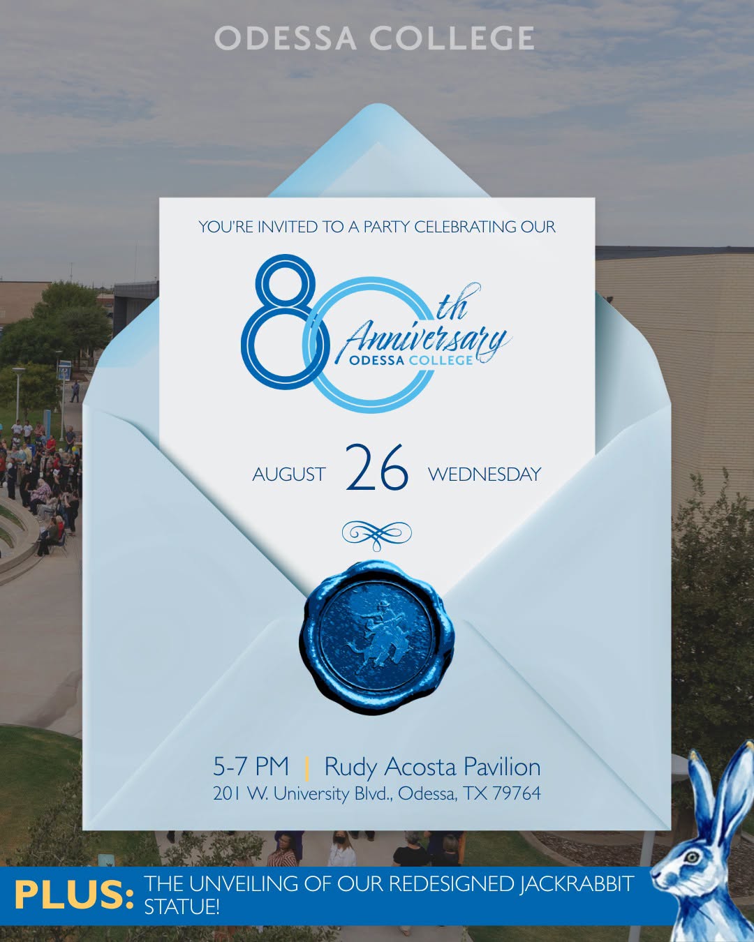 Invitation for the 80th anniversary of Odessa College, plus the unveiling of the Jackrabbit statue