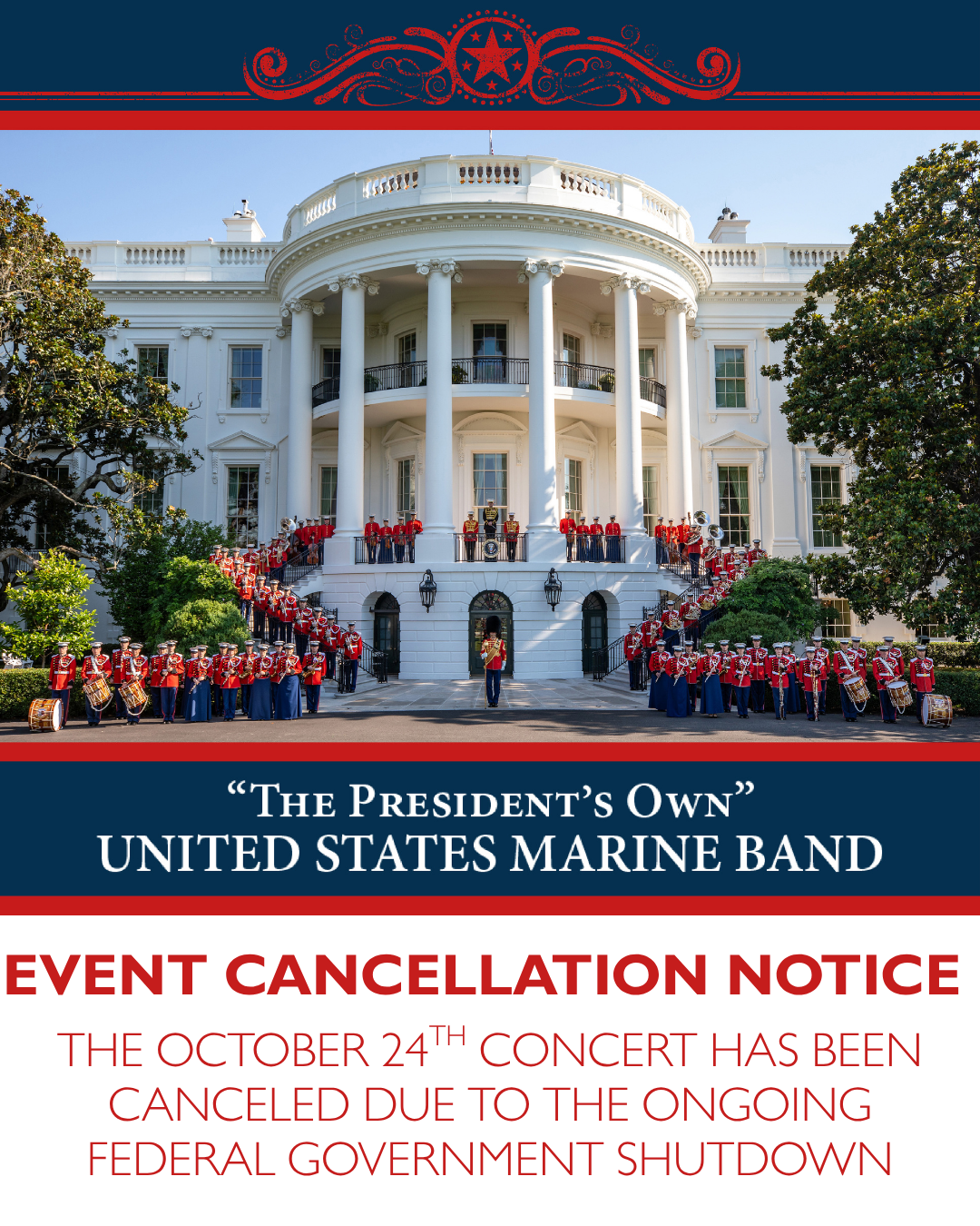 Poster about the Cancellation of U.S. Marine Band Concert Scheduled for October 24