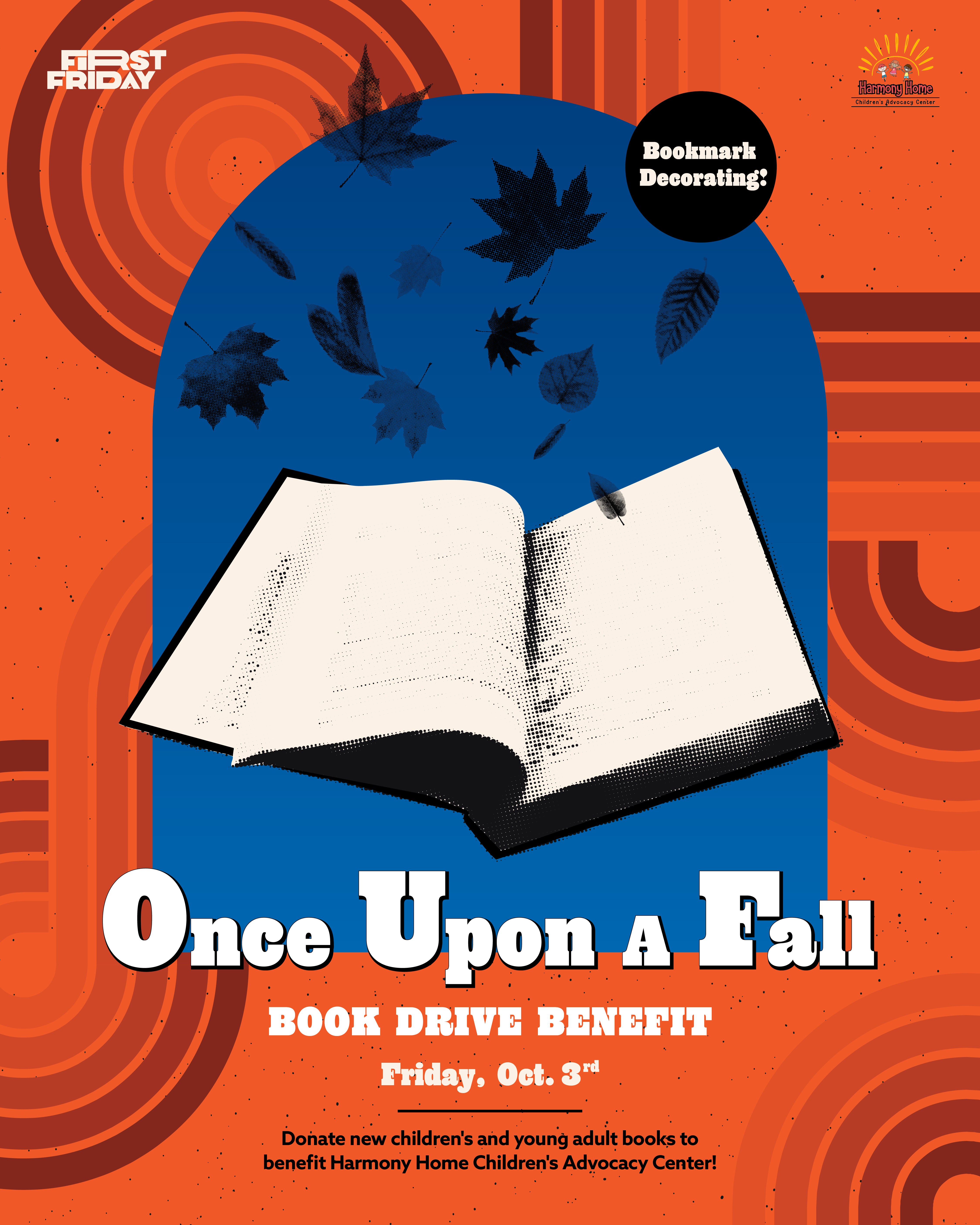 Graphic with information about the Book Drive on First Friday