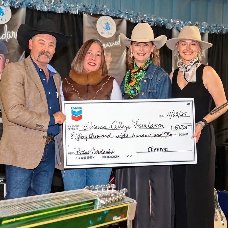 (L-R) OC Rodeo Coach Tom Kelly, Chevron representatives Nicole Barber and Valerie Acosta, and OC Vice President for Institutional Advancement Alissa Cornelius with “big" check for Rodeo Scholarship.