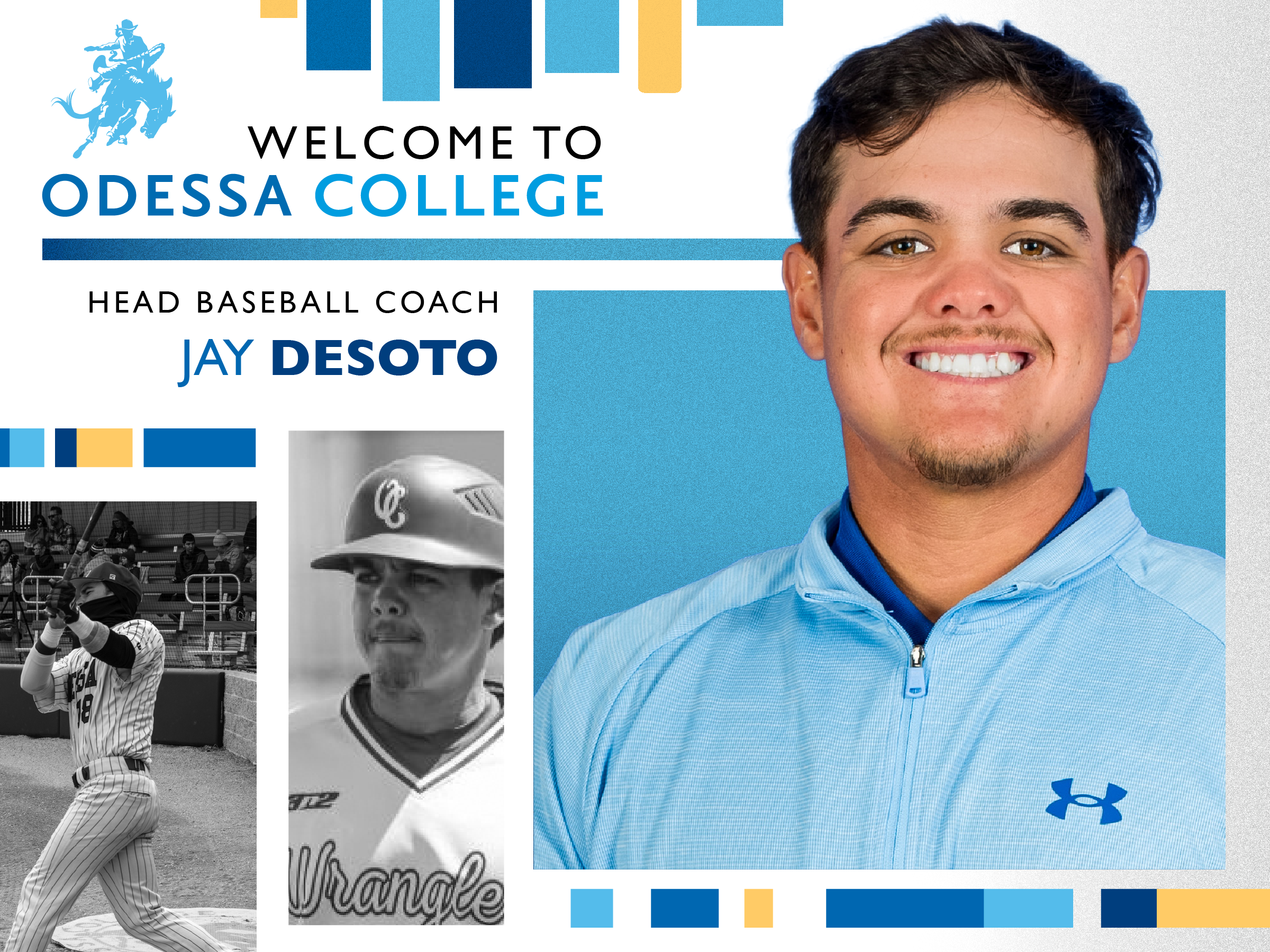 Graphic portraying new head baseball coach, jay desoto