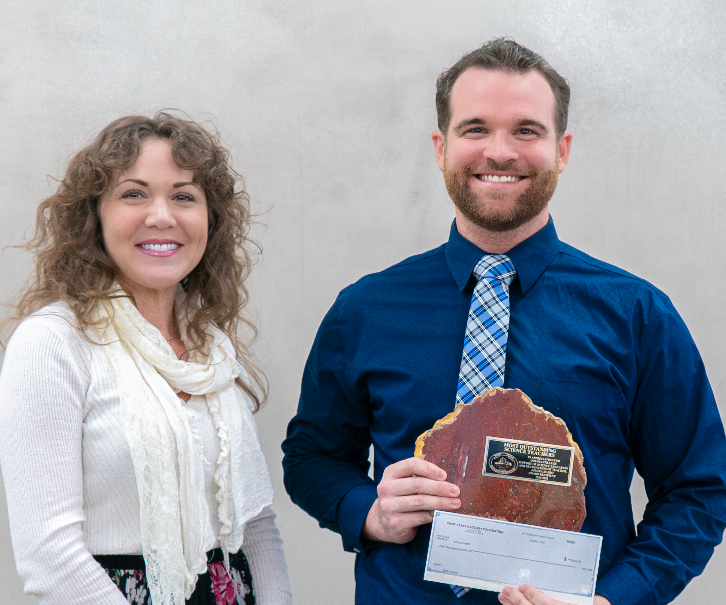 West Texas Geology Foundation board member Emily Emerson presented OC geology instructor Joshua Hardt with the prestigious Most Outstanding Science Teacher Award  and a $5,000 award in recognition of his work and commitment to science education.