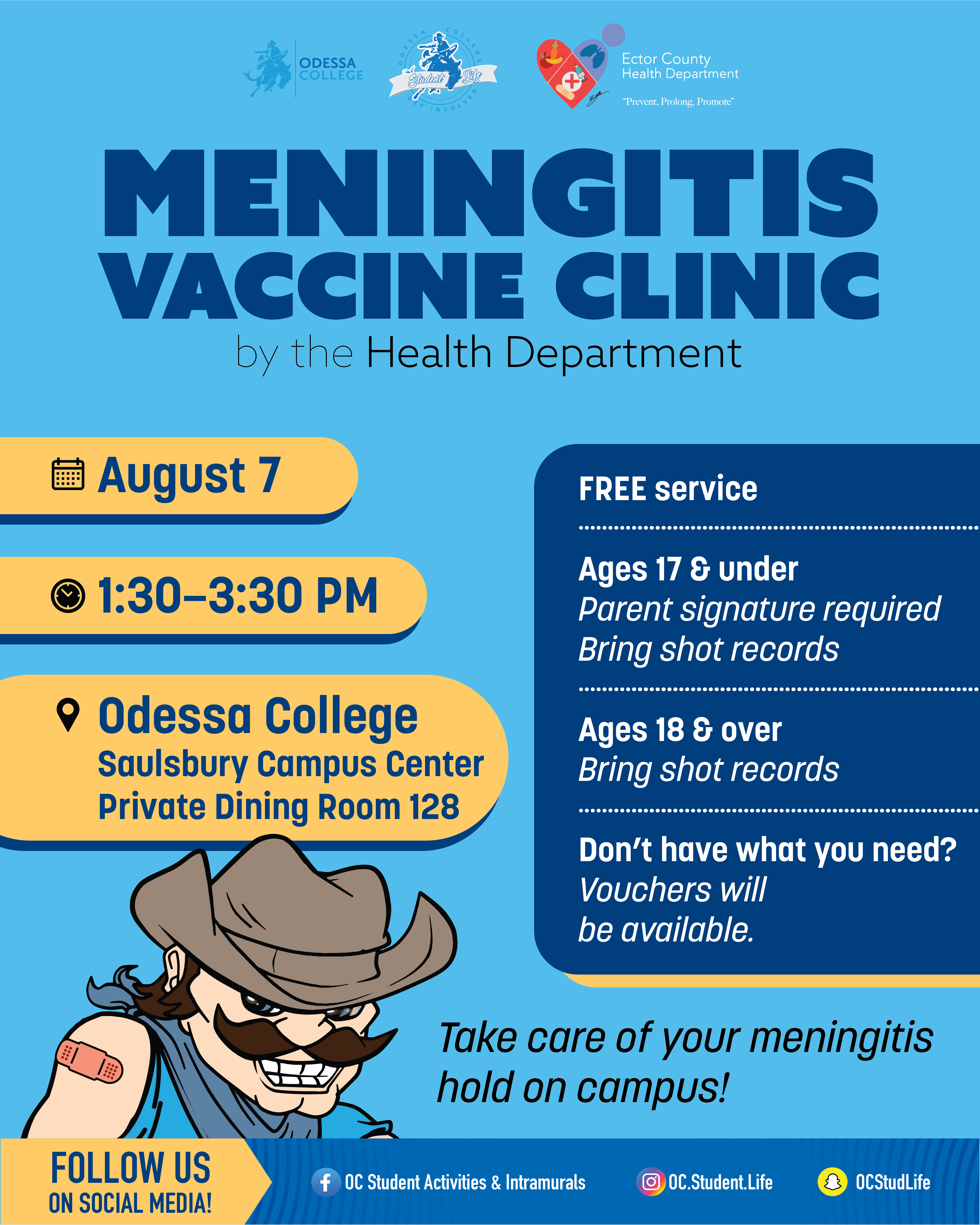 Graphic poster of Free Meningitis Vaccine Clinic