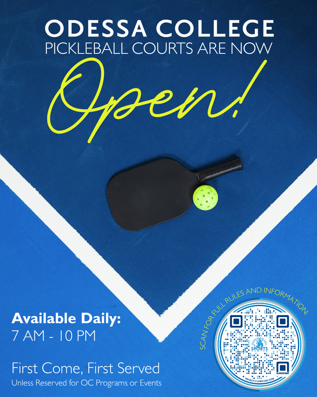Info graphic with pickleball equipment on a court that reads: Odessa College Pickleball courts are now open!