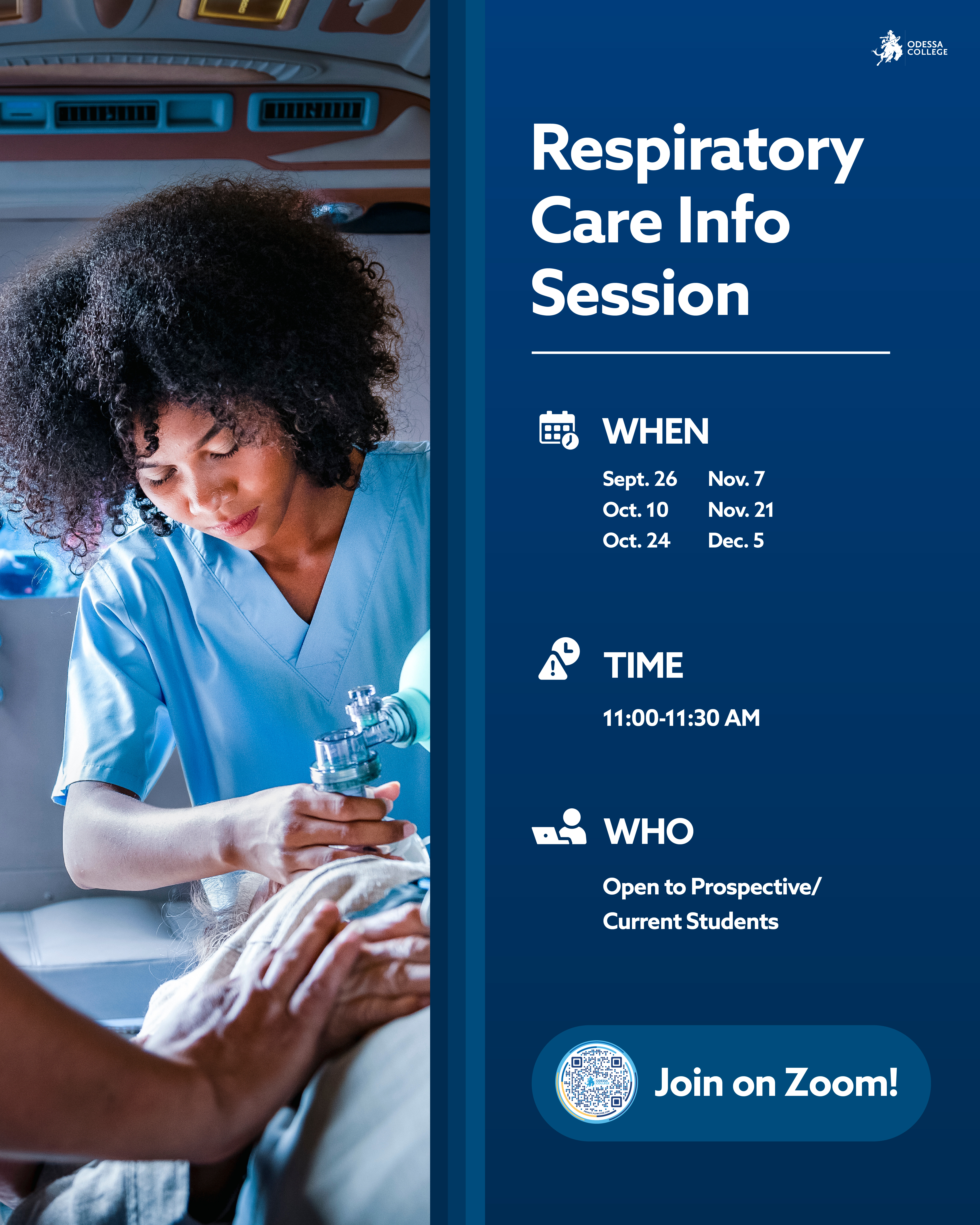 Poster with information about the online information sessions for the Associate Degree in Respiratory Care