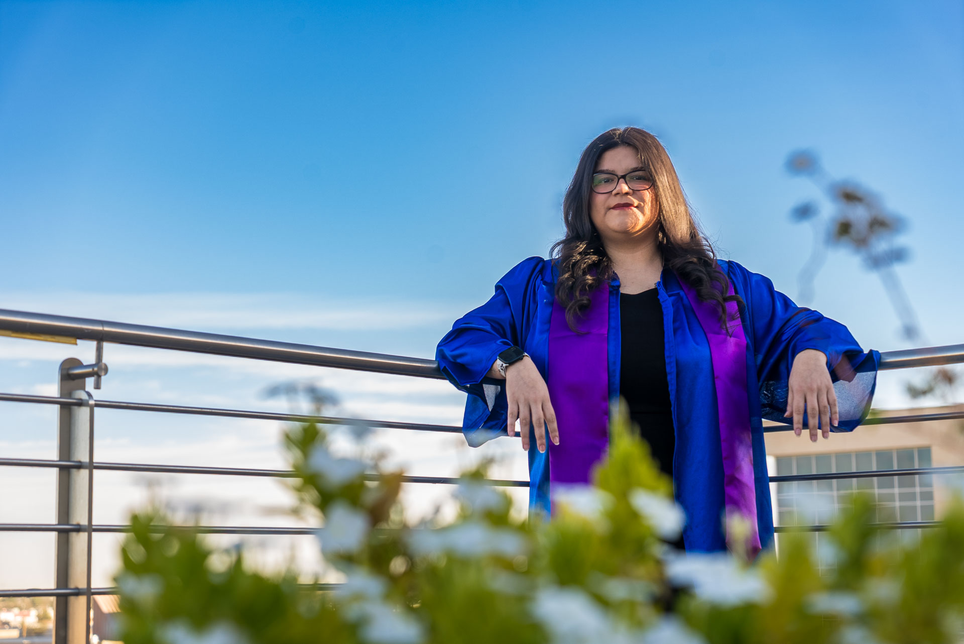Evangelina Quiroga smiling and posing at balcony