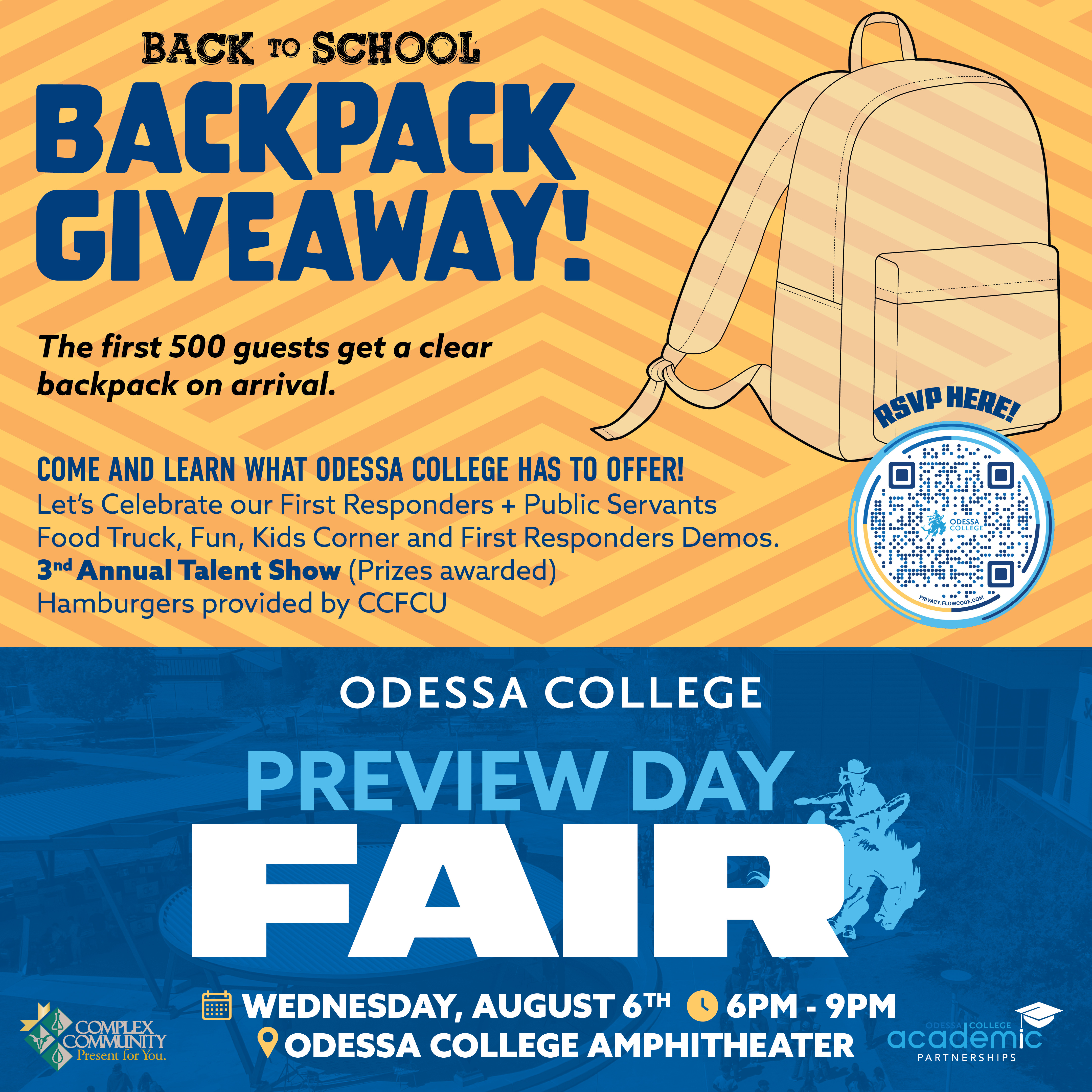 Blue and yellow graphic promoting the Preview Day and Back to School Bash events