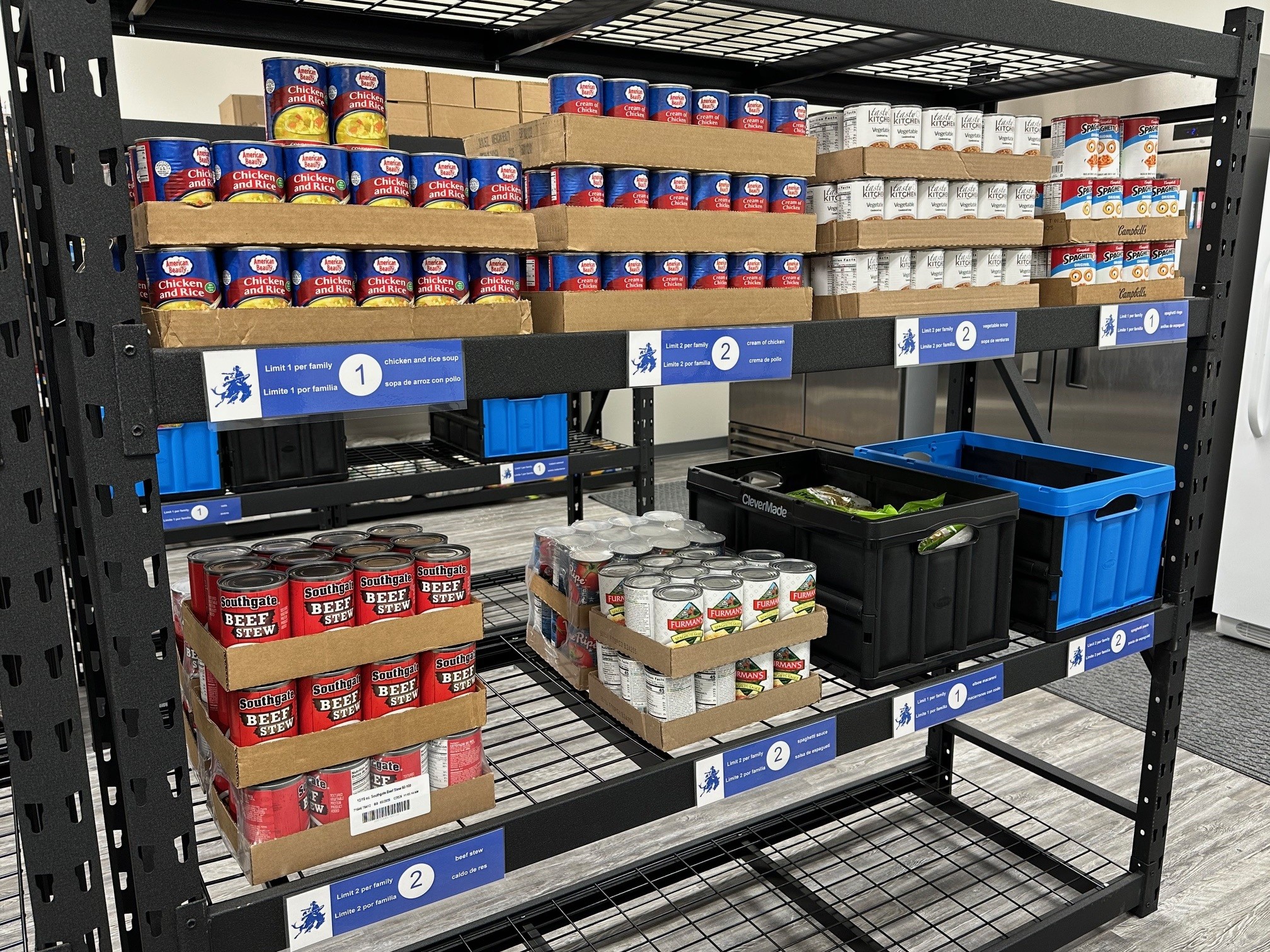 Food pantry room with cans stored in racks